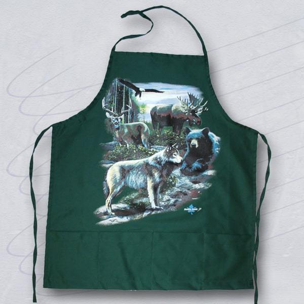 Apron with Wildlife Cottage Print Design. Hunter Green