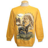 Men and Women's Fleece Crewneck Sweatshirt with various designs. Gold / Indian Chief
