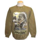 Men and Women's Fleece Crewneck Sweatshirt with various designs. Moss / Indian Chief