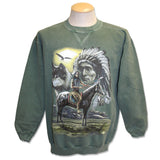 Men and Women's Fleece Crewneck Sweatshirt with various designs. Rain Forest / Indian Chief