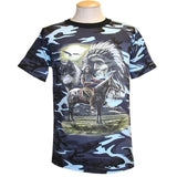 Men and Women T-Shirt with various designs. Camo Blue / indian Chief