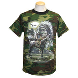 Men and Women T-Shirt with various designs. Camo Green  /indian Chief
