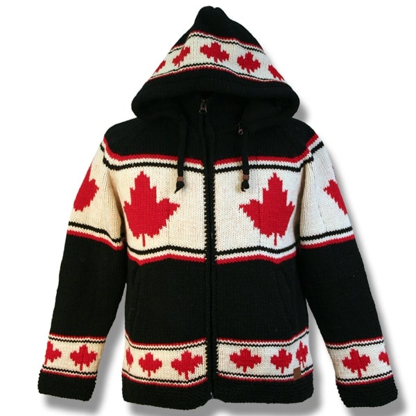 Wool Jacket with Zip-Off Hood / Maple Leaf, For Men and Women / Black Background Maple Leaf