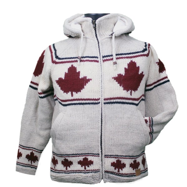 Wool Jacket with Zip-Off Hood / Maple Leaf, For Men and Women / Beige Background with Maple Leaf