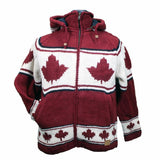 Wool Jacket with Zip-Off Hood/Maple Leaf, For Men and Women / Burgundy Background with Maple Leaf. 