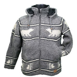Wool Jacket with Bear / Grey Charcoal with Polar Bear.  Adult wool sweater winter jacket for men and women Canada souvenir design handmade adult wool sweater winter Jacket for men and women Canada souvenir design handmade northern lifestyle Canada 100%wool easy online shopping coat vest Nepal best quality winter spring all seasons Outwear. 