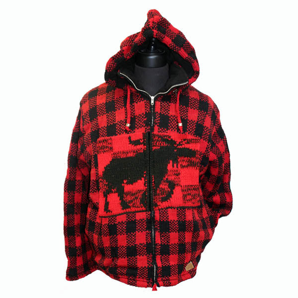 100% Wool Jacket with Zip Off Hood/ Buffalo Check Pattern for men and women. Fleece Lining. handmade in Nepal.