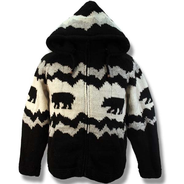 Wool Jacket with Bear / Black Bear Jasper.  Adult wool sweater winter jacket for men and women Canada souvenir design handmade adult wool sweater winter Jacket for men and women Canada souvenir design handmade northern lifestyle Canada 100%wool easy online shopping coat vest Nepal best quality winter spring all seasons Outwear. 