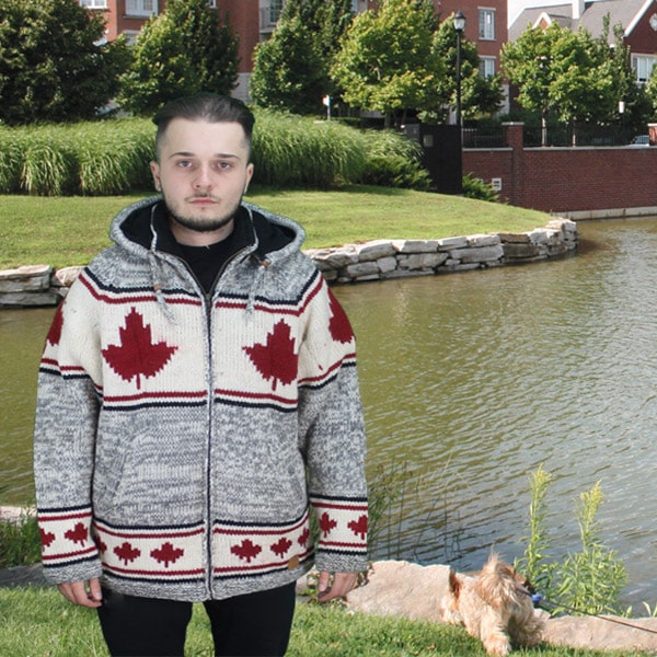 Wool Jacket with Zip-Off Hood / Maple Leaf, For Men and Women / Cardinal Red with Maple Leaf Light Grey Melange Background 