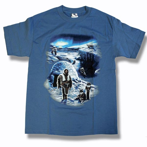 Men and Women T-Shirt with various designs. Slate / Inuit Scene