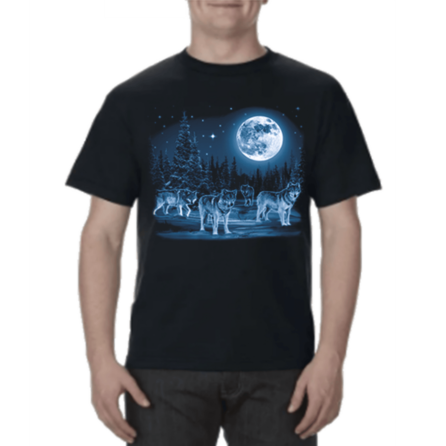 Youth T-shirt with Various designs / Black / Wolf pack Night Scene