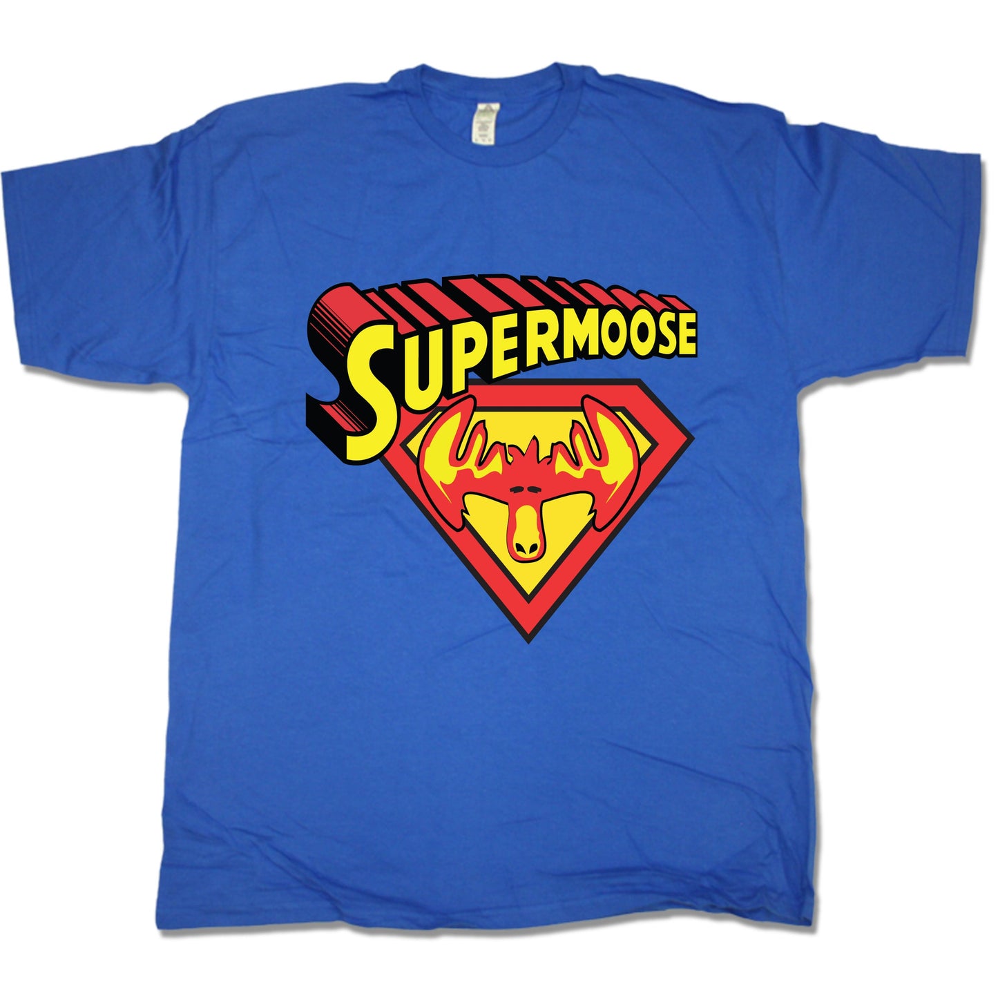 Men and Women T-Shirts with Comic Design. Royal with Super Moose