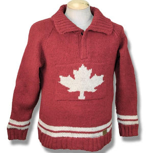 Wool Sweater with 1/4 zip jumper with collar for men and women. Red with White Maple Leaf