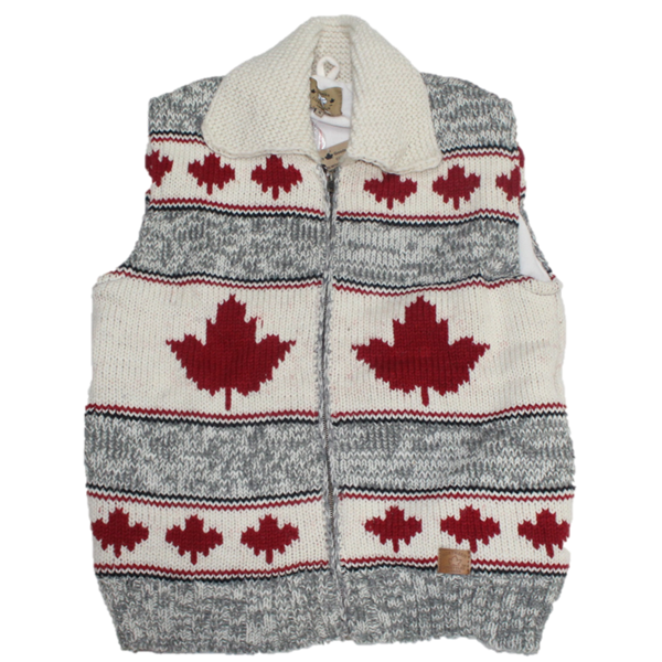 Wool Nordic Vest for men and women. Cardinal Red Maple Leaf with Light Grey