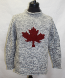 Wool Roll Neck Un-Lined Sweater for men and women. Cardinal Red Maple Leaf with Light grey