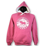 Ladies Junior Cut Fleece Hoodie sweatshirt with Moose Lifestyle design. Fushia and White