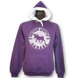 Ladies Junior Cut Fleece Hoodie sweatshirt with Moose Lifestyle design. Purple and White