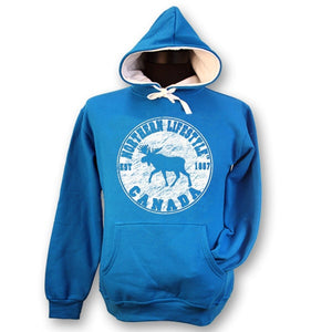 Ladies Junior Cut Fleece Hoodie sweatshirt with Moose Lifestyle design. Turquoise and White