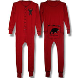 Men and Women's Plain Rib Bare Button Pyjamas. Red with Bare Bum 