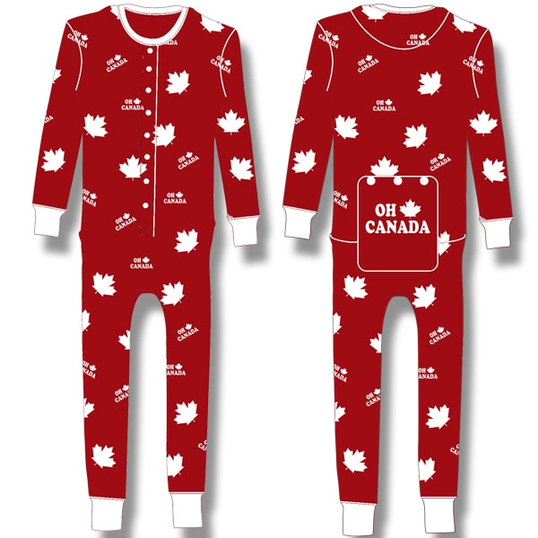 Men and Women's Plain Rib Bare Button Pyjamas.  OH Canada/white Maple Leaf on Red