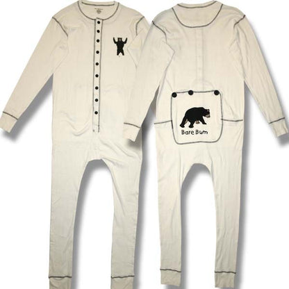 Men and Women's Plain Rib Bare Button Pyjamas. Natural with Bare Bum 