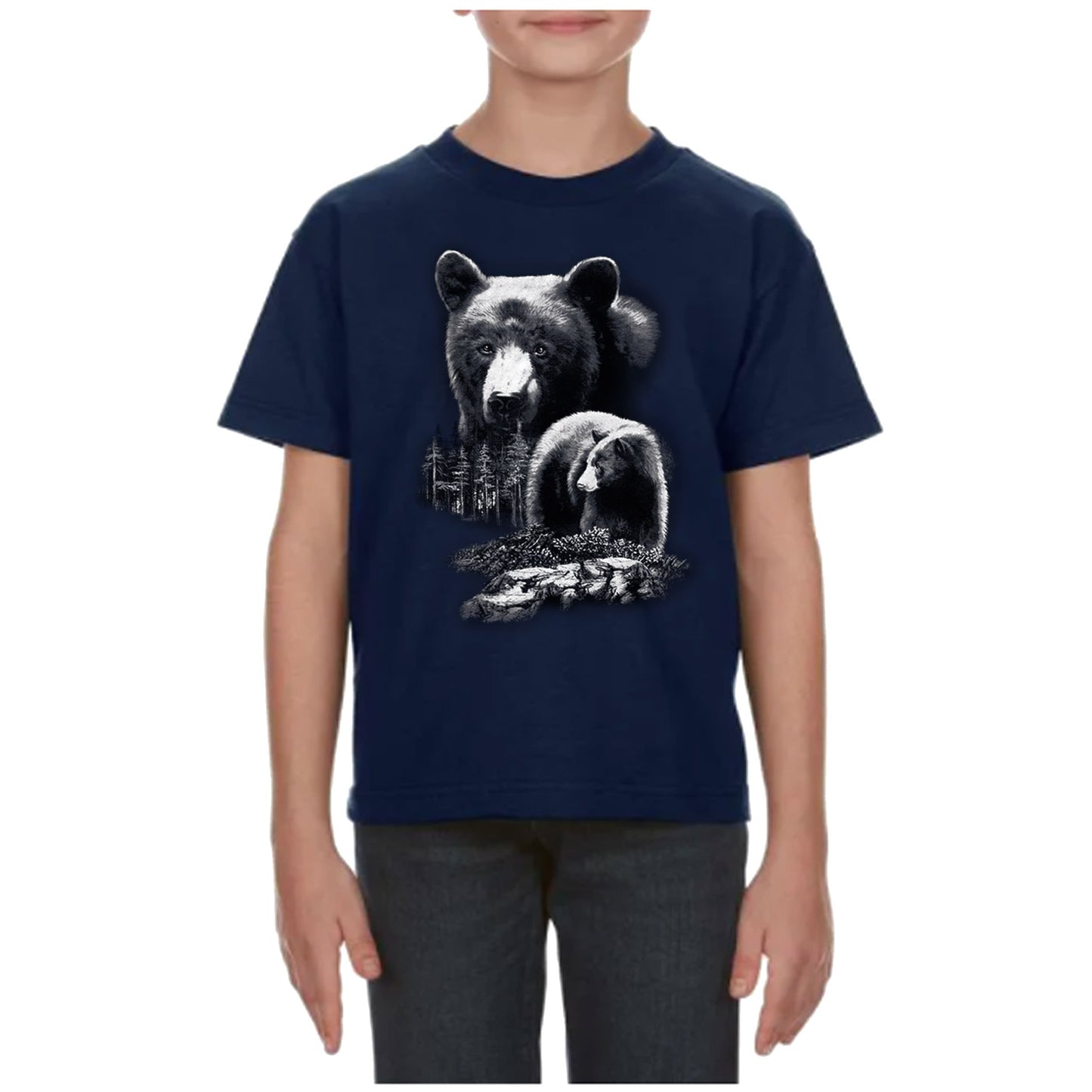 Kids T-Shirt with Animal Print /Black Bear Design / NAVY