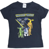 Ladies Junior Cut T-Shirts with Comic Designs. Navy / V-Neck t-shirt with Moose wars