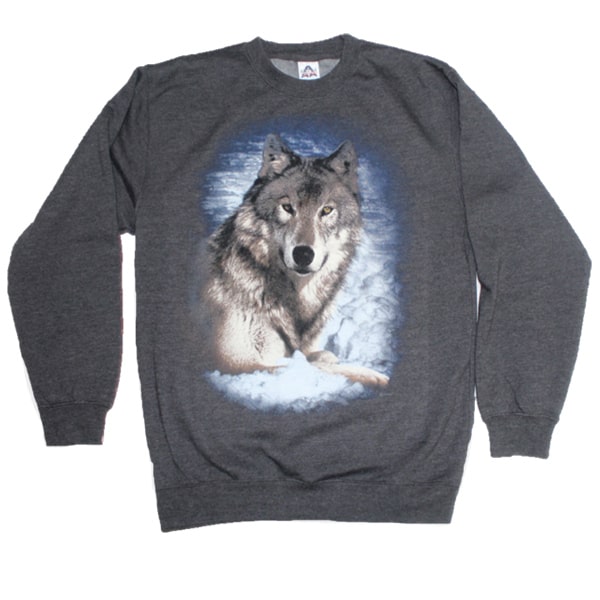 Men and Women's Fleece Crewneck Sweatshirt with various designs. Charcoal / Realistic Wolf