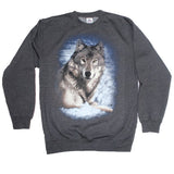Men and Women's Fleece Crewneck Sweatshirt with various designs. Charcoal / Realistic Wolf