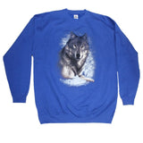Men and Women's Fleece Crewneck Sweatshirt with various designs. Royal / Realistic Wolf