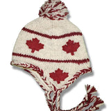 Wool Earflap hat with POMPOM for Men and Woman / Beige with Red allover Maple Leaf Applique