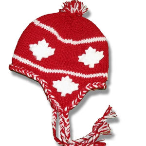 Wool Earflap hat with POMPOM for Men and Woman / Red with White Allover Maple Leaf Applique