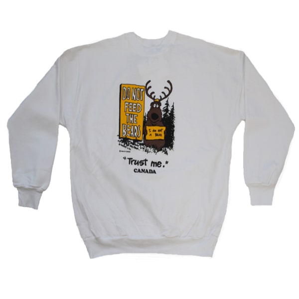 Men and Women's Fleece Crewneck Sweatshirt with various designs. White / Do Not Feed The Bear