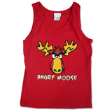 Ladies Junior Cut T-Shirts with Comic Designs. Red / Tank Top with Angry Moose