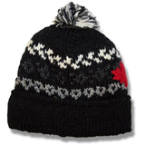 Wool Roll Up tuque with POMPOM for Men and Women.  Black Mix