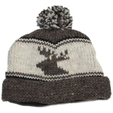 Wool Roll Up tuque with POMPOM for Men and Women. Moose Brown Background