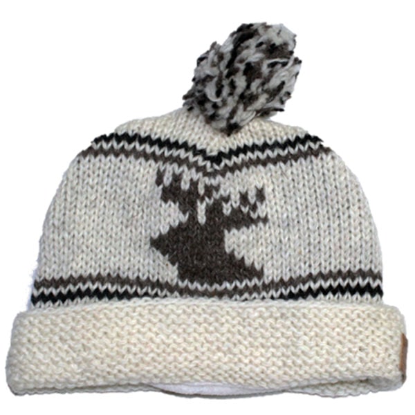 Wool Roll Up tuque with POMPOM for Men and Women. Moose Beige Background